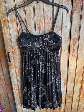B Darlin Black Pleated Mini Dress with Silver Floral Print